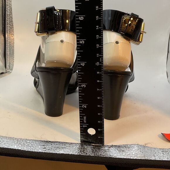 AGL LADIES SHOES 37 1/2 black patent strappy capsule heels sandals minimalist - Picture 7 of 13